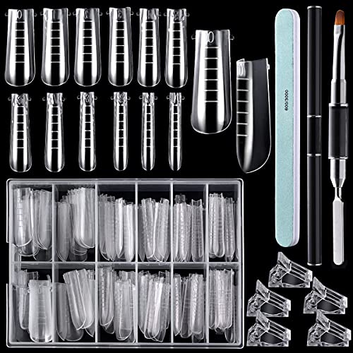 Monja 120pcs False Nail Tips Extension, Poly Quick Building Nails Set, Nail Forms, Nail Clips, Dual Ends Gel Brush Pen, 600/3000 Grit Buffer, Nail Gel Mold Coffin Acrylic UV Clear 12 Sizes Scale
