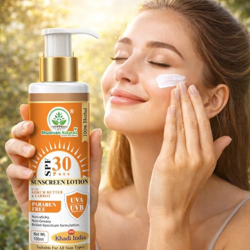 Image of Khadi SPF 30 Sunscreen Lotion with Kokum Butter & Carrot | Broad Spectrum UVA & UVB Protection | Herbal Sunblock for Face & Body | Non-Greasy & Moisturizing Formula - 100ML