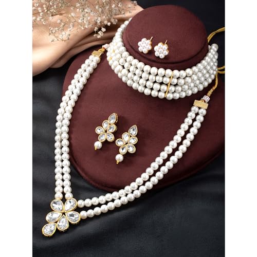 Image of Peora Crystal Faux Pearl Kundan Necklace & Jewellery Set Gift for Women