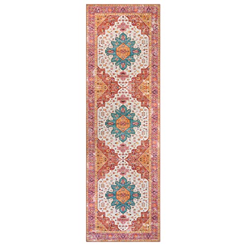 Moynesa Ultra-Thin Washable Runner Rug - 2'6"x8' Pink Runners for Hallways, Boho Non-Slip Bedroom Rug Runner, Vintage Oriental Medallion Kitchen Carpet Runner for Home Entrance Decor