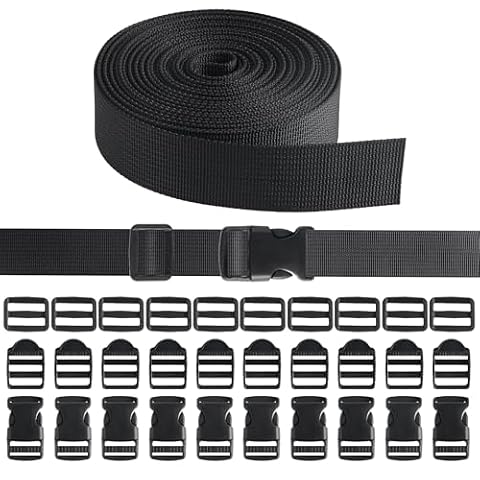 Trukafie Pasek 25 mm x 5 m z 10 plastikowymi klamrami i 10 plastikowymi suwakami Tri-Glide do plecaków, bagażu, obroży dla zwierząt, namiotu