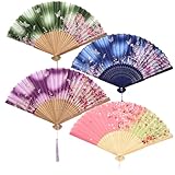 JOHOUSE 4 Pcs Floral Fabric Folding Fans with Tassel – Elegant Wedding Fans for Guests, Chinese Folding Fan, Japanese Handheld Fan, Asian Style Party Decorations & Gifts