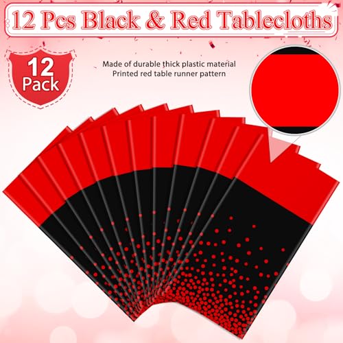 Image of MASHAN 12Pcs Black and Red Tablecloth Party Decorations,Plastic Black Table Cloth Printed Red Table Runner Disposable Rectangle Cover for Birthday Weeding Anniversary Graduation Party,54 x108 Inch