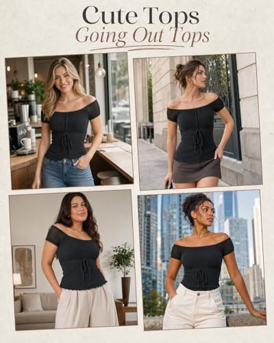 EMMIOL Y2K Mesh Top Women Babydoll Stretchy Short Sleeve Shirt Scoop Neck Summer Going Out Cute Fairy Top Black — view 5
