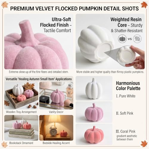 Pink and White Pumpkins Decor, 3Pcs Flocked Velvet Pumpkins Fall Decoration - image 9