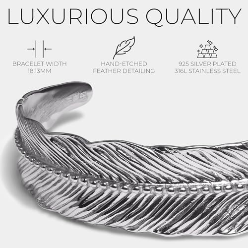 Elegatto Premium Feather Silver Cuff Bracelet for Men | Marine-Grade Stainless Steel with Hand Etched Detailing | Men’s Designer Jewelry | Small to Medium3