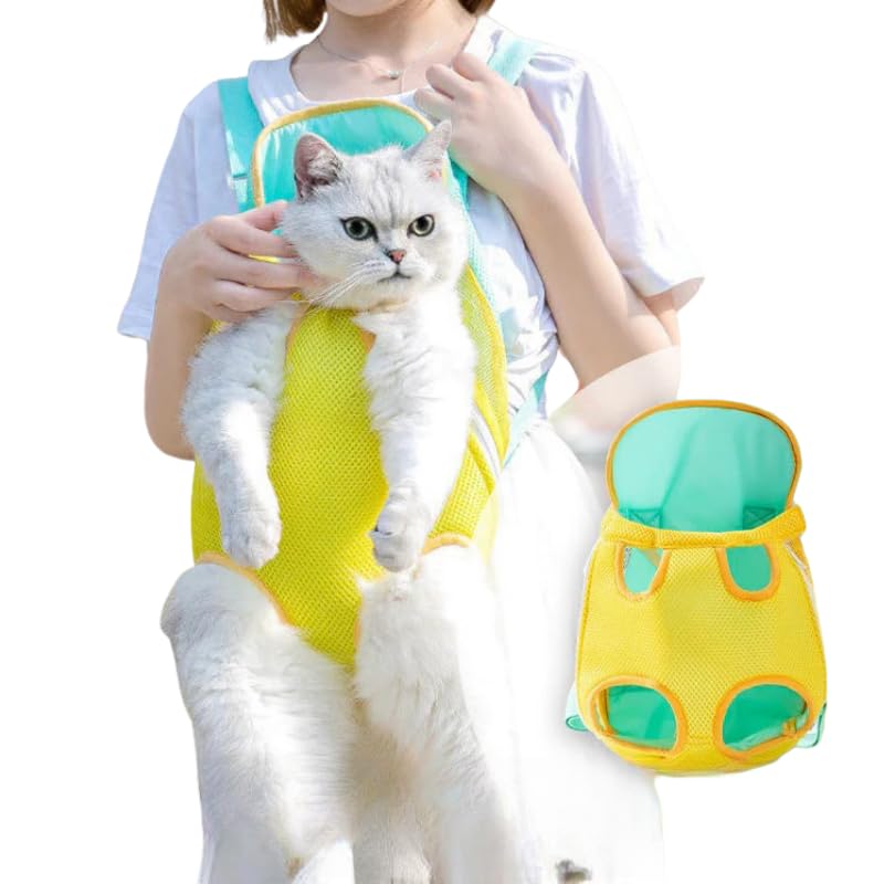 Feya Pet Carrier Backpack, Adjustable Pet Front Cat Carrier Breathable, Easy-Fit for Traveling Hiking for Small Medium Dogs Cats (Yellow and Green Stitching, L-(Recommended Weight 7-10 Catties))