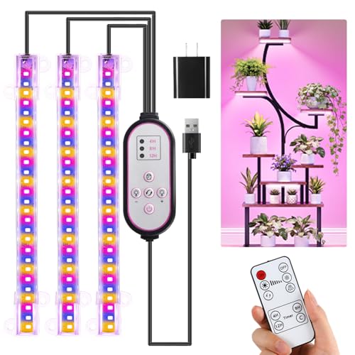 Image of 7.8'' 3 Head LED Grow Light Strips, Grow Lamps for Indoor Plants Full Spectrum, Plant Light with 4 /8 /12H Timer, 10 Dimmable Levels for Seedling Succulent,Best Match for Plant Shelf