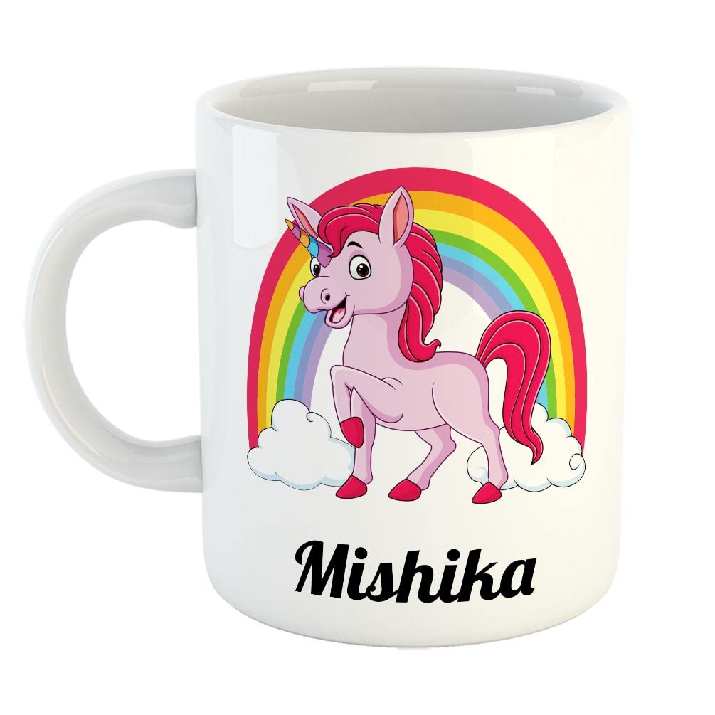 FABTODAYRainbow Unicorn Ceramic Coffee Mug - Best Happy Birthday Gift for Daughter, Sister, Gift for Kids, Return Gift - Color - White, Name - Mishika