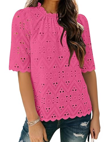 BETTE BOUTIK Womens Lace Tops 2025 Trendy Long Short Sleeve Eyelet Embroidered Dressy Casual Blouse Shirts