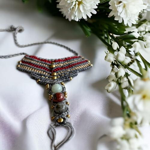 Triple Gemstone Macramé Anklet – Natural White Onyx, Red Jasper, Grey Jasper Jewelry, Adjustable Cord, Bohemian Foot Bracelet for Women, Ethically Sourced Stones3