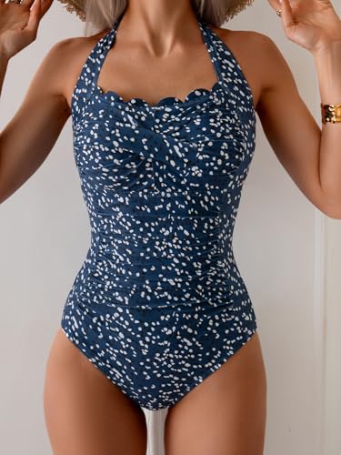 Image of Eomenie Women One Piece Tummy Control Swimsuit Halter Scallop Trim Bathing Suits 1 Piece Vintage Ruched Slimming Swimwear