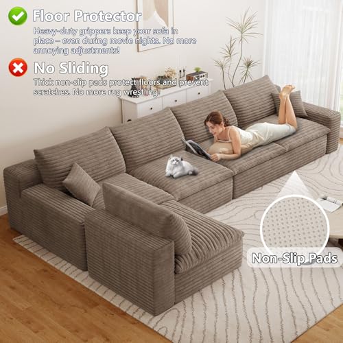 Image of 136 inch Cloud Couch Modular Sectional Sofa for Living Room, L-Shape Boneless Couch with Deep Seat, Modern Corduroy 5-Seater, No Assembly Required,Camel