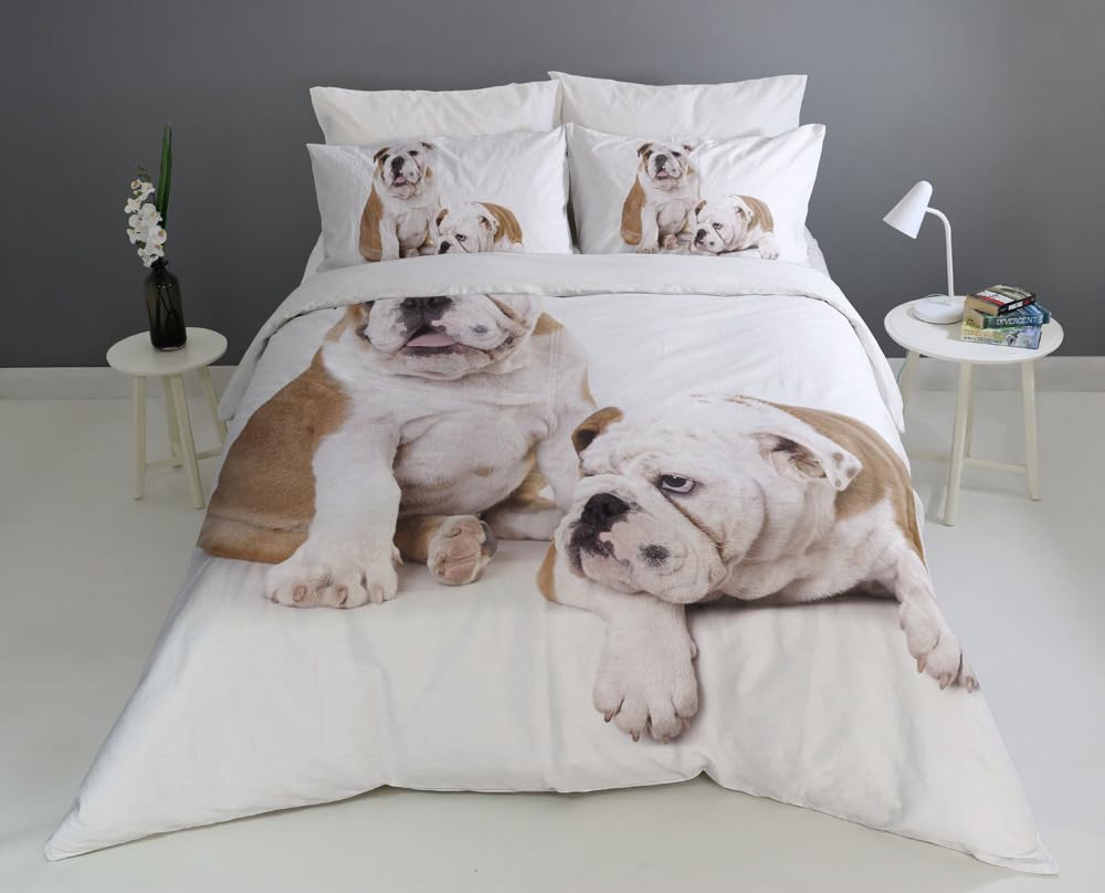 Adam Home 3D Digital Printed Dogs Duvet Cover Set with Pillowcases for Kids Adults Home Bedroom Décor Microfiber King Bedding Set Made in UK | Bulldog Duo