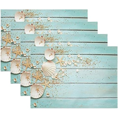 Placemats Set of 4, Summer Beach Seashell Non Slip Heat Resistant Linen Fabric Cotton Cloth Place Mats, Blue Wood Board Square Washable Holiday Party Dining Table Mats for Coastal Home Kitchen Decor Cover