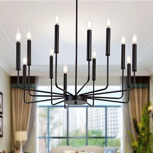 Qamra Metal Black Chandelier, 12-Light Farmhouse Classic Candle Ceiling Hanging Light Fixture, Rustic Pendant Lighting for Kitchen Island, Dining Room, Living Room, Stair, UL Listed