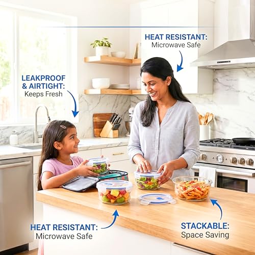 Image of ALTITUDE Borosilicate Round Glass Food Container Set with Airtight Locking Lids, 900ml 600ml 375ml, Insulated Tiffin Bag & 120ml Glass Jar, Microwave Oven Freezer Safe