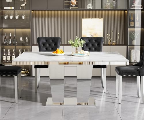 Image of 94.5 inch Rectangular Dining Table for 6 8 10, Modern White Extendable Kitchen Table, Large Long Dining Room Table with Mirrored Pedestal for Dining Kitchen Living Room