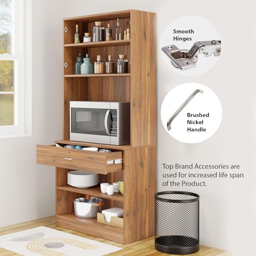 Image of VIKI Furniture | Kitchen Cabinet - Drawer with Doors & Open Shelves, Organizer for Kitchen, Bedroom, Hallway & Living Room (Brussel Walnut - 40D x 80W x 180H cm) | 1 Year Warranty