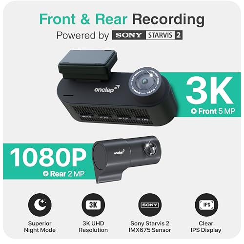 Image of Onelap Vidsure 2 (2026 Front + Rear) - 3K UHD Dashcam for Car | Real STARVIS 2 IMX675 (Super Night Vision) | 5MP 3K UHD Front | 2MP 1080p FHD Rear | 3.2 inch LCD | 5.8Ghz WiFi | HDR