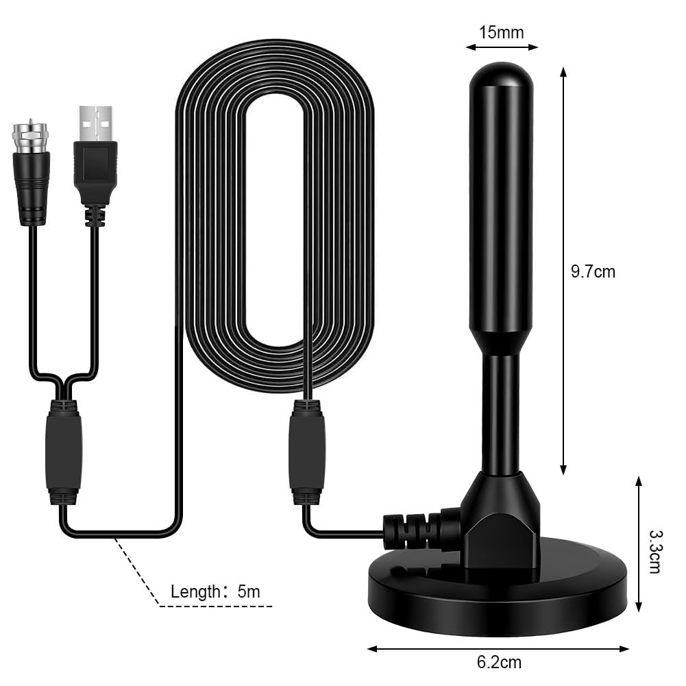 Antenna Tv Interna Amplificata Potente, Antenna TV Digitale HD, 360° Segnale Ricezione con Base Magnetica, Cavo Coassiale 5M per Smart TV/Radio