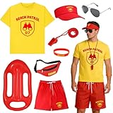 8Pcs Lifeguard Costume Set, Baywatch Costume Include T-shirt Shorts Hat Fanny Pack Whistle Wristband Inflatable Float Prop Life Guard Fancy Dress for Men Women Pool Party, Festival, Cosplay Events