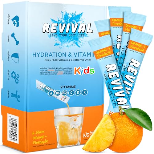 Revival Kids Hydration Vitamin Drink - Electrolyte Squash with Vitamins D A C K B6 B12 - Immunity Growth Development | Orange & Pineapple | 6 Pack
