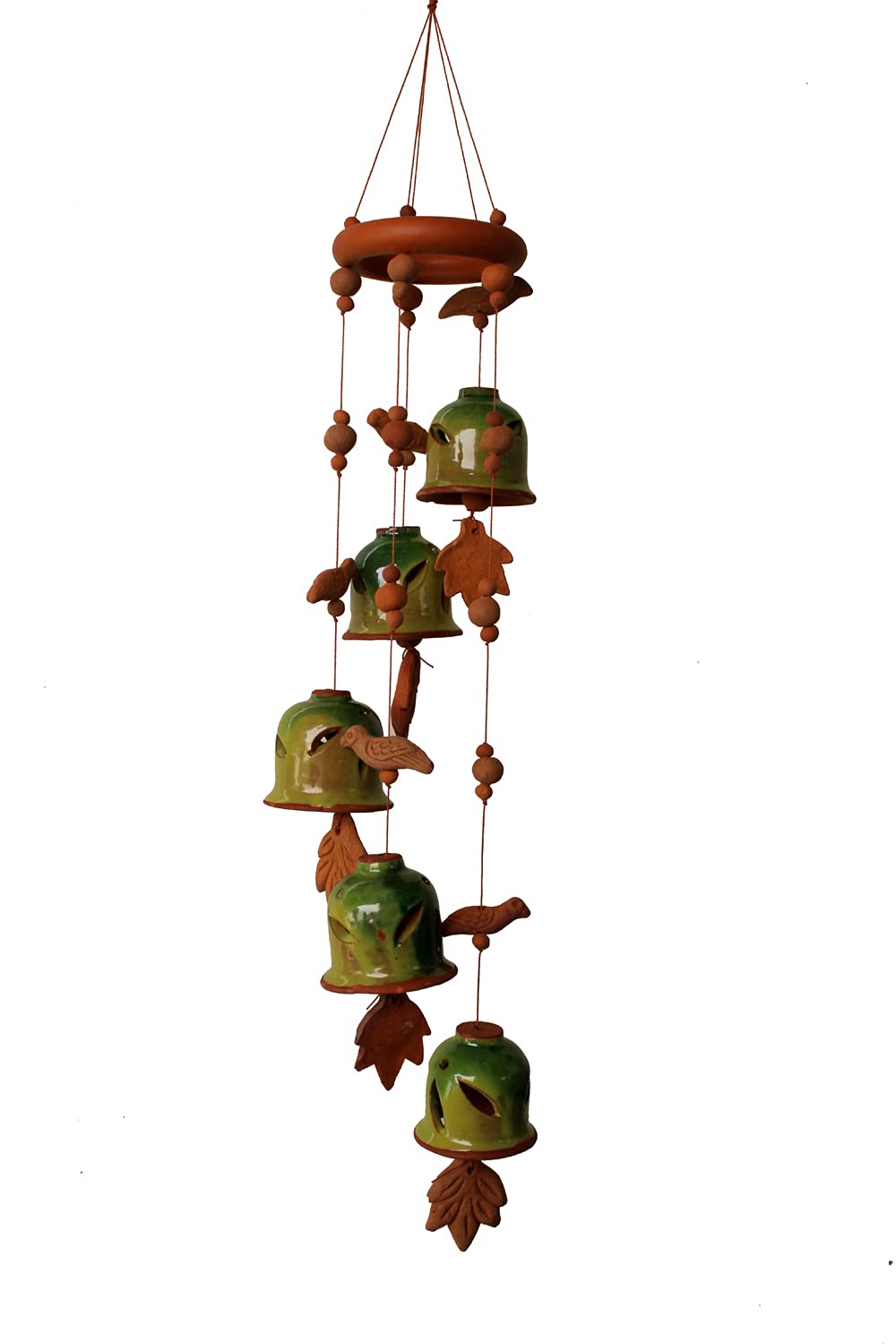 ESVAR STONECRAFT Terracotta Ceramic Coated Green Wind Chimes with Five Bells of Ring Design Handmade Craft with Melodious Sound Bells.(60cm Long)