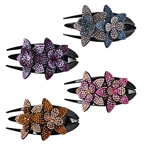 Rhinestone Claw Hair Clip French Curved Double Flower Duckbill Hair Clip No Slip Jaw Clip Strong Hold Ponytail Holder Hair Grip Catch Barrette Clamp Lady Dovetail Clip Jewelry Accessories (4 Packs)
