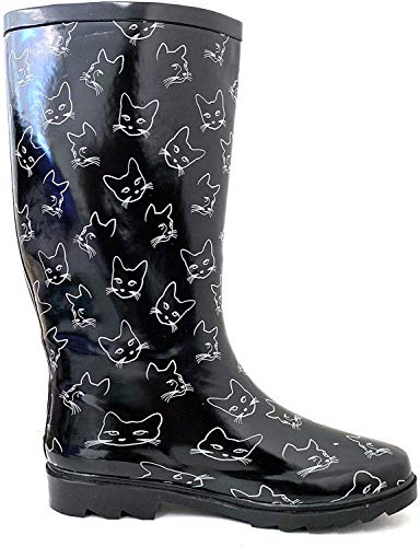 G4U Women's Rain Boots Multiple Styles Color Mid Calf Wellies Buckle Fashion Rubber Knee High Snow Shoes (9 B(M) US, Black/White Cats) - Thumbnail 2