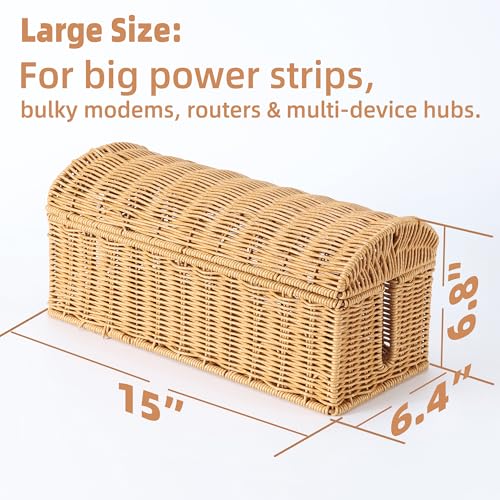 Boîte de rangement de câbles ventilée en rotin pour masquer la box internet - 2