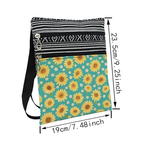 Blue-green Little Sunflower Messenger Bag Small Ethnic Pattern Adjustable Strap Crossbody Zipper Pouch Aesthetic Floral Phone Organizer Wallet Cute Shoulder Handbag for Women Friends2