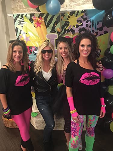 Smile Fish Women Casual Oversized 80s Lips Print Off Shoulder T-Shirt (S, Black-Rose) - Image 3