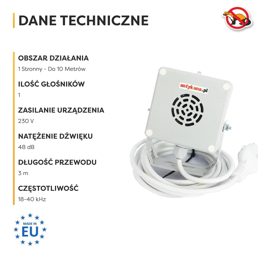 ANTYKUNA LIGHT&FLASH Hermetyczny odstraszacz kun 230V – ultradźwiękowy odstraszacz na narożnik i ścianę domu | cichy, z diodą LED | do 10 m | IP54D
