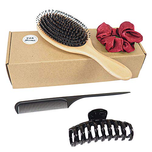 4 Pcs Wooden Hairbrush Set, Boar Bristle Hair Brushes for Women & Men, Detangler Brush for Curly Thick Thin Wet Dry Hair, Natural Wooden Paddle