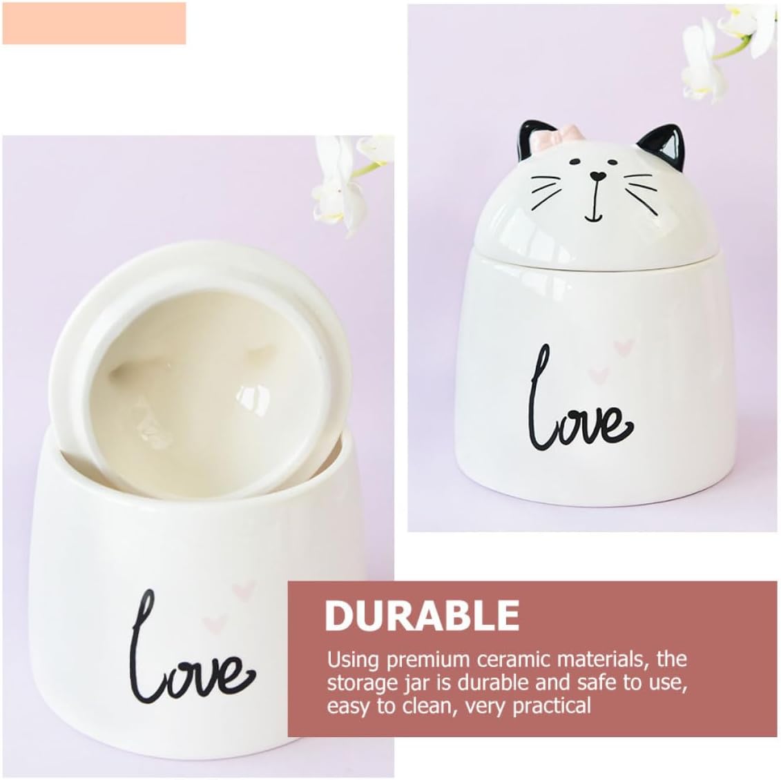 NUOBESTY Ceramic Spice Storage Jar and Porcelain Condiment Container with Lid, Cat Shape Food Canister for Household Kitchen, Sugar and Salt Storage for Countertop Organization