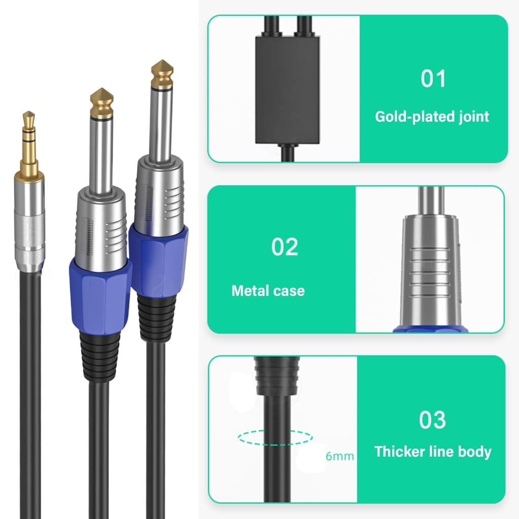 Câble audio 3,5 mm vers double 6,35 mm vers deux adaptateurs Y répartiteur pour systèmes audio pour studio et scène