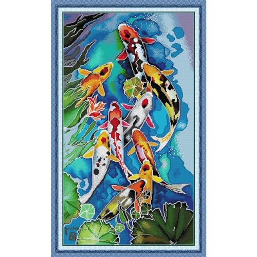 Image of Stamped Cross Stitch Kits Full Range of DIY Needlepoint for Adult Beginners Koi Pattern, for Gift and Home Decor 14CT 2 Strands 16.9x27.9 inch