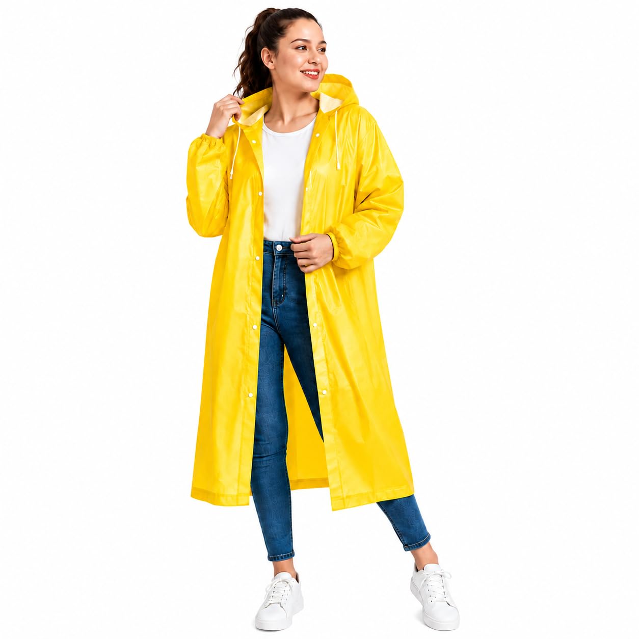 Unisex Waterproof Raincoat, Yellow, EVA Material, Hooded, Windproof, Snap Button Closure, Elastic Cuffs, Lightweight-picture-34
