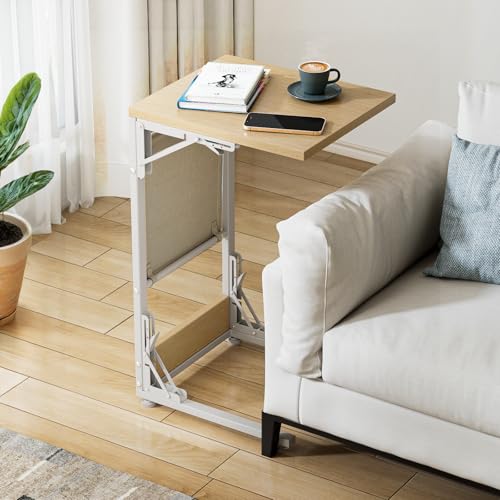 Image of Folding TV Tray Table, Small Folding Side Table with Storage Bag, Portable C Shaped End Table for Couch Sofa Bed, Light Walnut