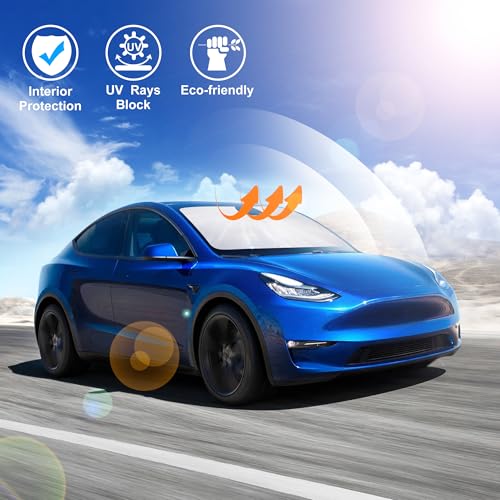 Image of Windshield Sun Shade Custom Fit for 2017-2025 2026 Tesla Model Y Model 3 (Fit 2025 2026 Model Y Juniper /2024 Model 3 Highland) Accessories Foldable Front Window Sunshade Shield Blocker Keeps Car Cool
