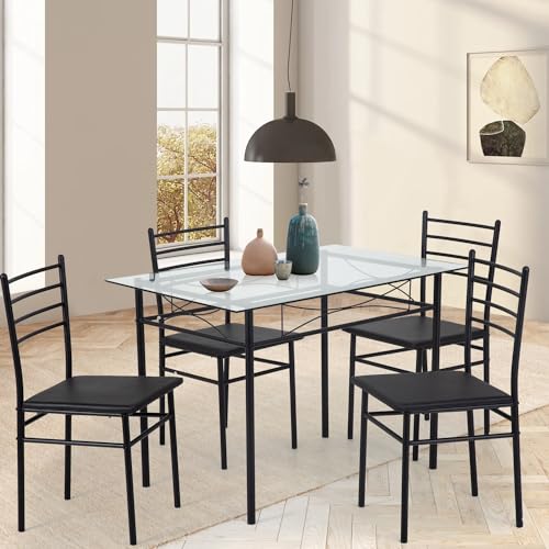 PayLessHere Kitchen Dining Room Table and Chairs Set 5-Piece Classic Dining Table Set for 4,Glass Top Table and 4 Rectangular Modern Chairs with Metal Legs for Dining Room - Image 3