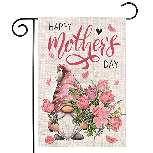 Happy Mothers Day Garden Flags for Outside 12x18 Inch Double Sided Gnome with Carnation Flowers Small Yard Flags Gift for Mom Grandmom Spring Decoration for Farmhouse Patio Outdoor