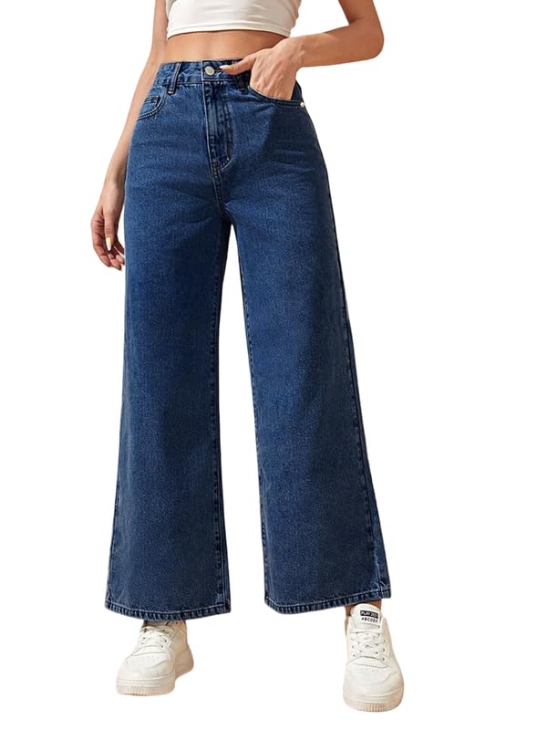 Women's High Waist Wide Leg Jeans for Women | Dark Wash Stretch Denim Palazzo Pants | Full Length Relaxed Fit Casual Straight Loose Jeans with Pockets(Wide Leg B-Dark Blue-26)-picture-39