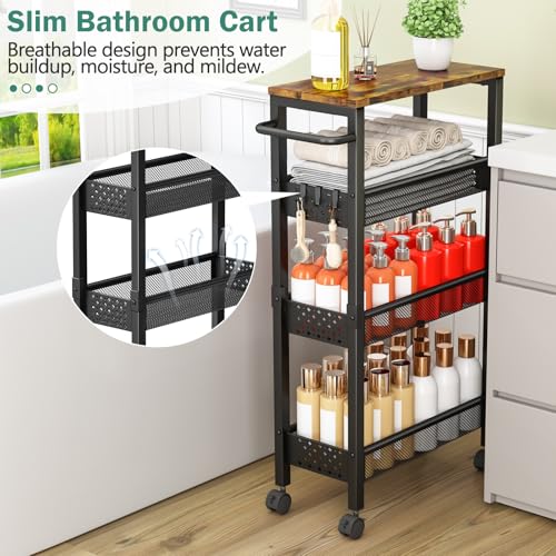 image for Vivihomety Utility Slim Storage Cart with Wheels, 4 Tier Small Rolling