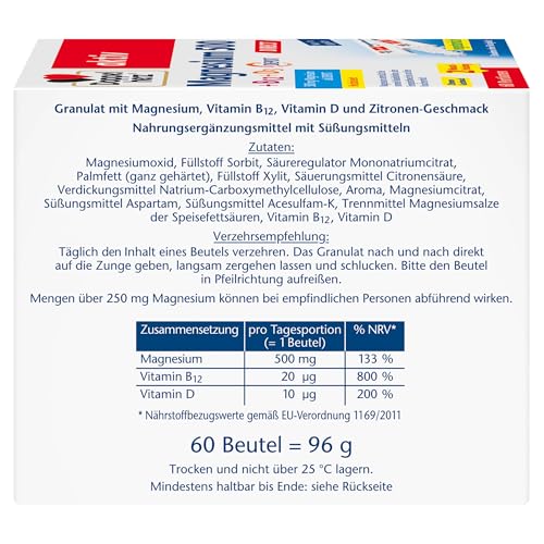 Doppelherz Magnesium 500 + B12 + D3 DIRECT mit DEPOT-Funktion - Magnesium als Beitrag für die normale Funktion der Muskeln und des Nervensystems - 60 Portionen Micro-Pellets mit Zitronen-Geschmack – Bild 4