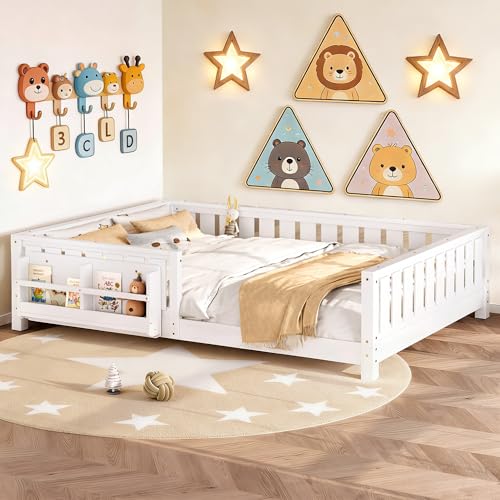 Image of Bellemave Queen Size Montessori Floor Bed Frame, Kids Floor Bed Queen with Bookshelf and Safety Guardrails for Girls Boys, White