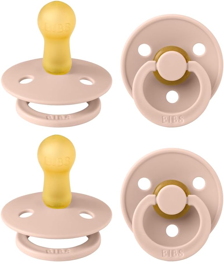 BIBS Colour Soother 4-Pack, BPA Free Dummy Pacifier, Round Nipple. Natural Rubber Latex, Made in Denmark. 0-6 Months (Pack of 4), Baby Blush Colours