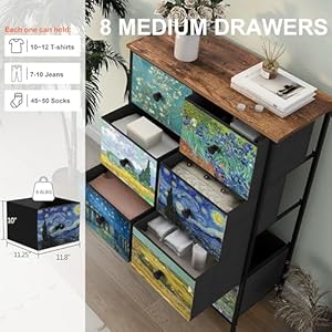 EXOTICA Tall Dresser with 8 Drawer for Bedroom Narrow Van Gogh Chest of Drawers for Hallway Closet Living Room Steel Frame Rustic Brown Wood Grain Wood Top EXOTICA Tall Dresser with 8 Drawer for Bedroom Narrow Van Gogh Chest of Drawers for Hallway Closet Living Room Steel Frame Rustic Brown Wood Grain Wood Top