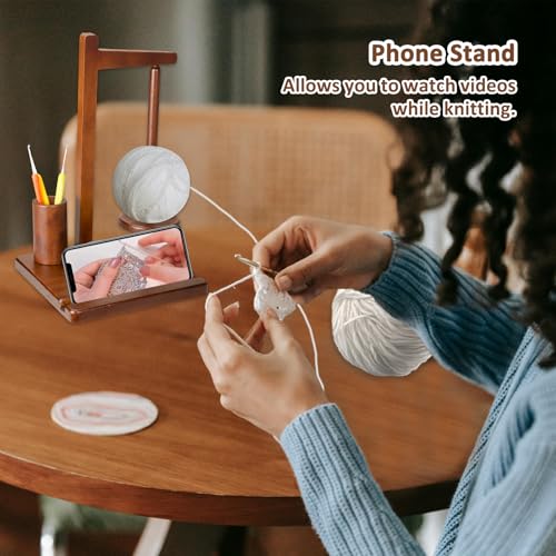 Image of Wooden Yarn Holder with Phone Stand and Crochet Hook Storage - Magnetic Yarn Spool for Knitting and Crocheting, Ideal Choice for Craft Lovers
